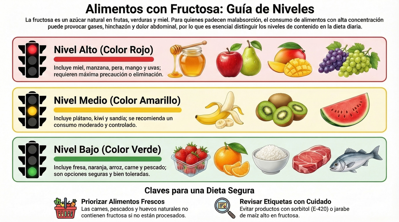 infografia alimentos con fructosa alto medio y bajo contenido