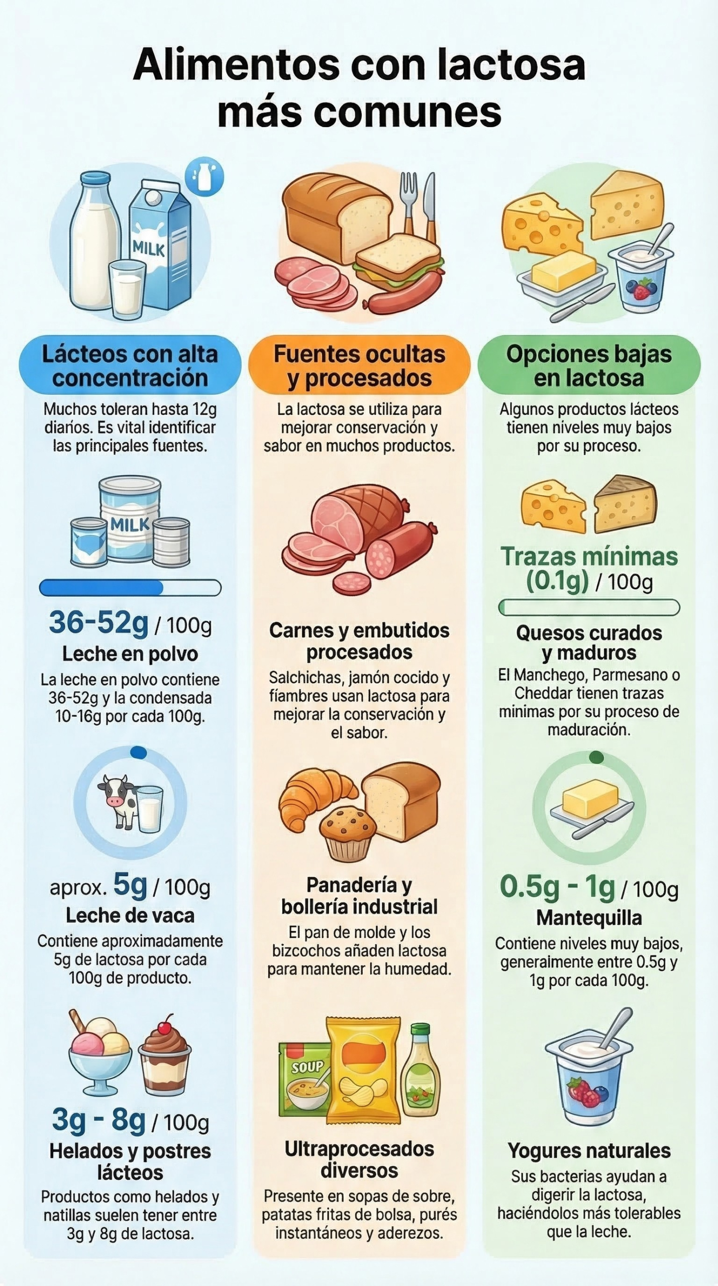 infografía alimentos con lactosa más comunes