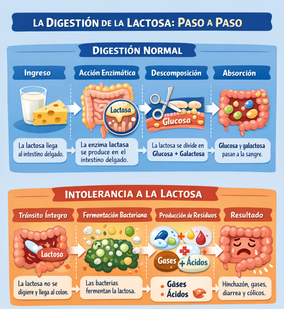 cómo se digiere la lactosa en el intestino y qué ocurre cuando falta la enzima lactasa