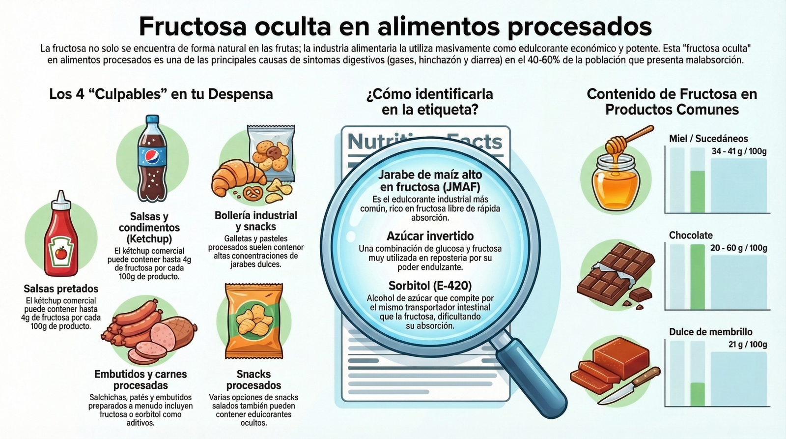 fructosa oculta en alimentos procesados y nombres en etiquetas