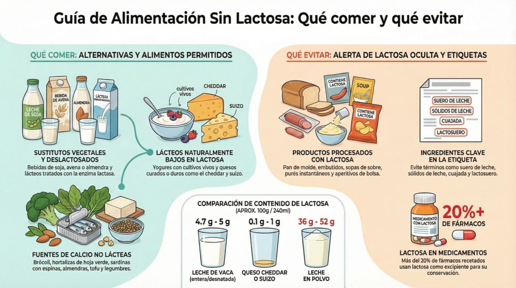 infografía guía de alimentos sin lactosa con lista de alimentos que pueden comer las personas intolerantes a la lactosa
