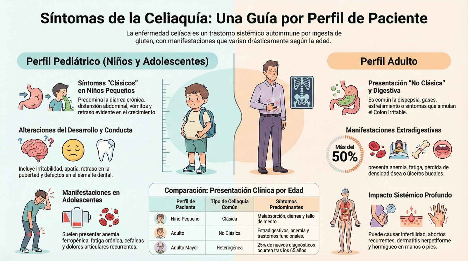 Diagrama del protocolo de diagnóstico de celiaquía 2026: sospecha clínica, análisis de anticuerpos en sangre, pruebas genéticas HLA, biopsia intestinal grados Marsh y test de péptidos GIP.