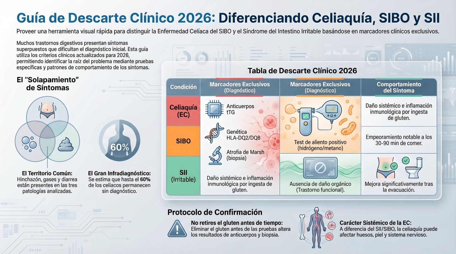 Diagrama de diagnóstico diferencial entre celiaquía, SIBO y colon irritable (SII) mostrando síntomas comunes como gases e hinchazón y pruebas exclusivas como anticuerpos tTG o test de aliento.
