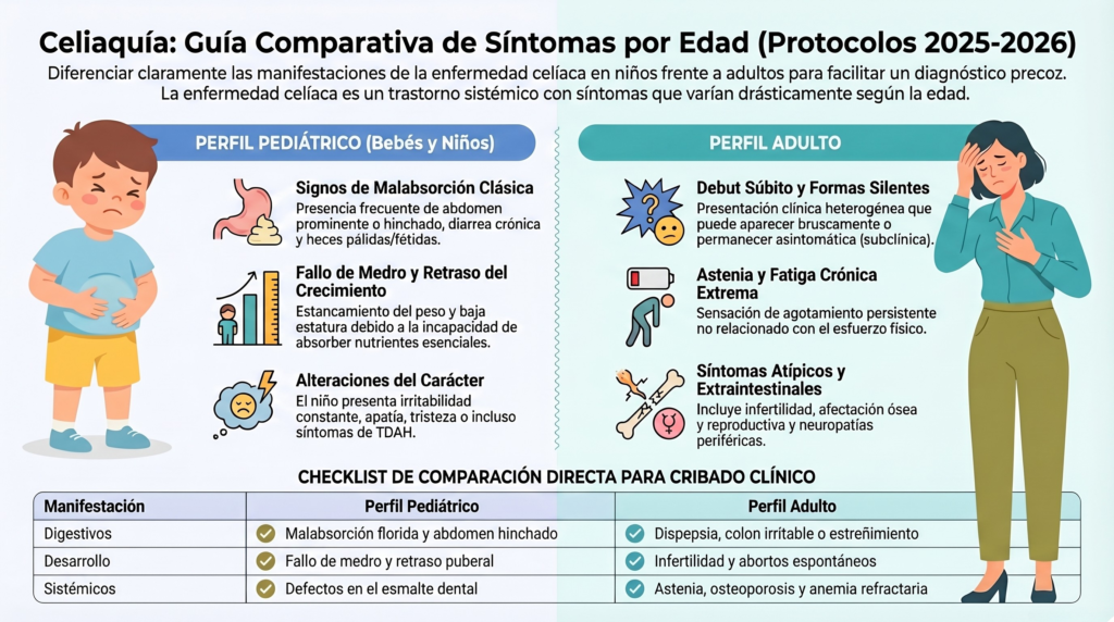 Tabla comparativa de síntomas de celiaquía por edad: abdomen hinchado e irritabilidad en bebés y niños frente a fatiga extrema, infertilidad y síntomas atípicos en adultos
