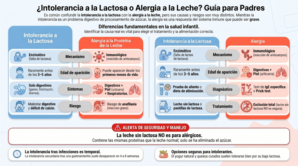 infografia de la intolerancia a la lactosa en niños. Guia para los padres.